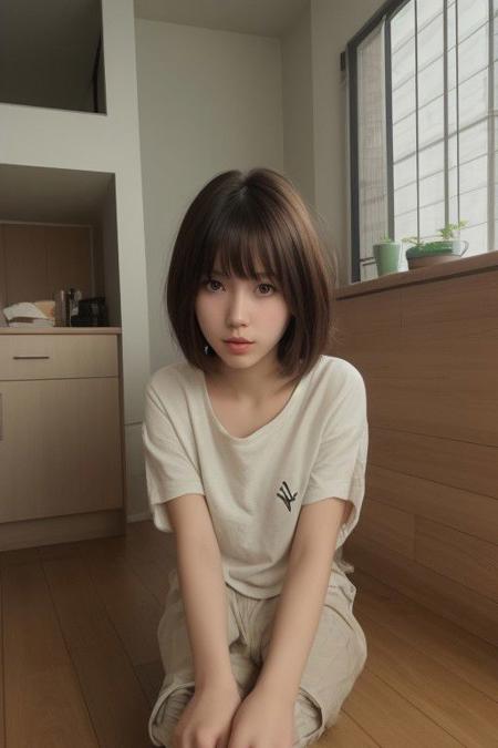 29 yo girl, Korean beauty, short hair, brunette, close-up, girl next door, baggy clothes, night, interior,