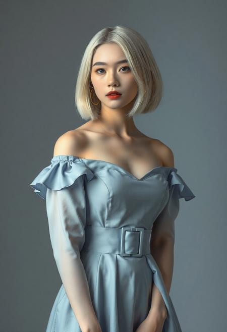 DLSR photograph, slender, beautiful  26 year old korean model . Pale skin, 
lighting<lora:MoriiMee_Gothic_Niji_Style_FLUX:0.3500000000000001> <lora:AsirAsianPhotographyflux:0.7000000000000002>
A young Asian woman, A captivating portrait of a young woman with striking platinum blonde hair, styled in a chic, slightly parted bob. Her pale complexion is enhanced by subtle, natural-looking makeup, highlighting her delicate features and full lips. She is elegantly dressed in an off-the-shoulder gown of a soft, muted blue hue. The dress features ruffled sleeves that cascade gently over her arms, a fitted bodice with a sweetheart neckline, and a wide, matching belt cinched at the waist with a rectangular buckle. The skirt of the dress flares out gracefully, adding to the sophisticated silhouette. The lighting is soft and even, casting a gentle glow on her face and the fabric of her attire, emphasizing the textures and folds. The background is a plain, neutral gray, ensuring full focus on the subject and her exquisite ensemble. The overall impression is one of serene beauty and refined elegance.<lora:hanbok-illustriousxl-lora-nochekaiser:1.5>, hanbok, korean clothes,