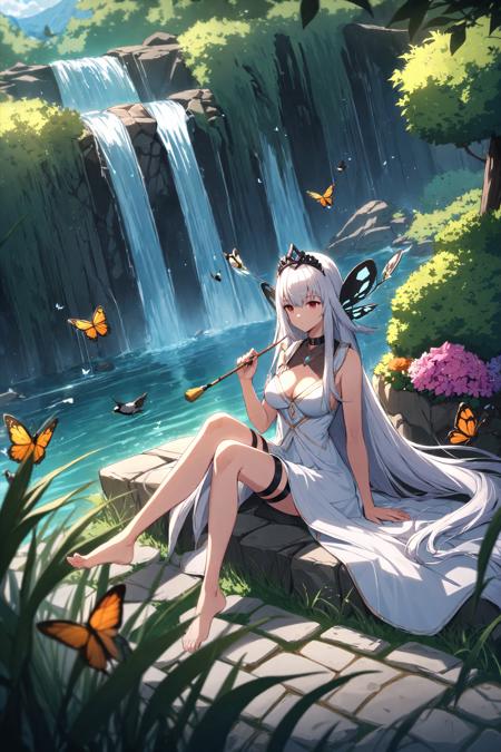 cinematic lighting, blue sky, grass, rock, lake, sitting, expressionless, waterfall, cobblestone, flowers, bush, brushes, trees, butterfly, bee, bird, 1girl, white hair, absurdly long hair, black tiara, red eyes, ((white dress)), sleeveless dress, black thigh-strap, black choker, bare legs, bare feet, (medium breasts:1.3), the girl is sitting at the edge of the lake, holding onto a buquet of flowers