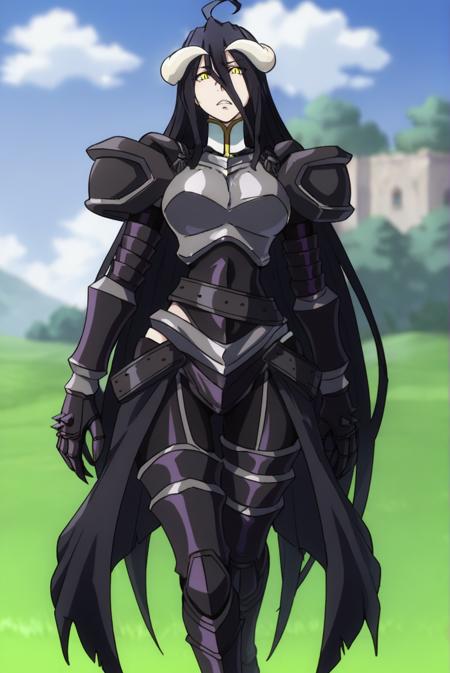 <lora:AlbedoXL-v4-07:0.7>, ChopioAlbedo, black hair, very long hair, hair between eyes, demon horns, yellow eyes, slit pupils, ahoge, looking at viewer, large breasts, black wings, feathered wings, low wings, outfit_1, bare shoulders, detached collar, web, white dress, cleavage, layered dress, white gloves, elbow gloves, hip vent, long dress,  outfit_2, armor, shoulder armor, boobplate, gauntlets, black belt, greaves, waist cape, black wings, feathered wings, low wings, outfit_3, necklace, dark purple dress, off-shoulder dress, sash, purple gloves, high heels, black footwear,