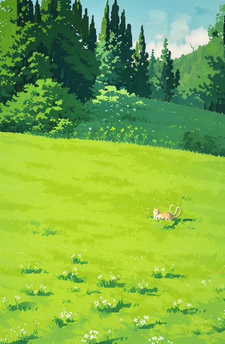 cat, flower, outdoors, no humans, white flower, grass, scenery, field, nature, animal, sunlight, flower field, day, tree,  (illustration:1.0), masterpiece, best quality,  <lora:summer tree_20230919090103:0.8>