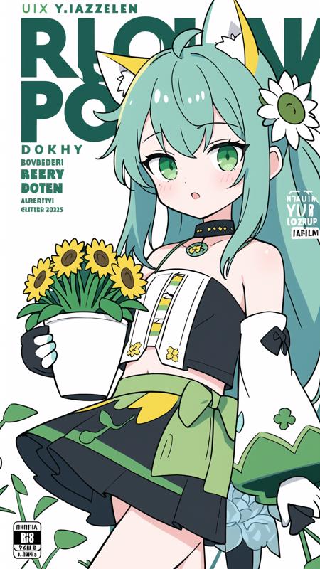 1girl,  official,  head,  green eyes, animal ears,  ahoge,  long straight hair,  ponytail,  hair ornament, bare shoulders,  black crop top,  small breasts,  navel,  detached sleeves,  elbow gloves,  fingerless gloves,  two tails,  skirt bouquet,  branch,  daisy,  dandelion,  dress,  floral_background,  flower,  flower_pot,  green_flower,  head_out_of_frame,  holding,  holding_bouquet,  holding_flower,  ivy,  leaf,  lily_\(flower\),  lily_of_the_valley,  lily_pad,  long white_hair,  lotus,  morning_glory,  palm_leaf,  palm_tree,  petals,  plant,  potted_plant,  puffy_sleeves,  rose,  solo,  sunflower,  tulip,  upper_body,  vase,  vines,  white_dress,  white_flower,  white_rose,  yellow_flower,  masterpiece,  best quality, beautiful detailed hair, beautiful detailed face, beautiful detailed jacket, beautiful detailed background, album cover, beautiful detailed splash,  in city,  cityscape, 1girl, limited palette, pastel color,  many line in hair,  shiny skin, sunlight,  2020s, minute details,  punk,  out doors,  looking at viewer,  drawing, multicolored back graound,  colorful,  solo, cowboy shot,  jacket,  long sleeves,  chest,  ((((magazin cover)))),  long hair,  floating hair,  bangs,  colored inner hair,  aqua theme,  official art,  cuteloli,  cozy animation scenes,