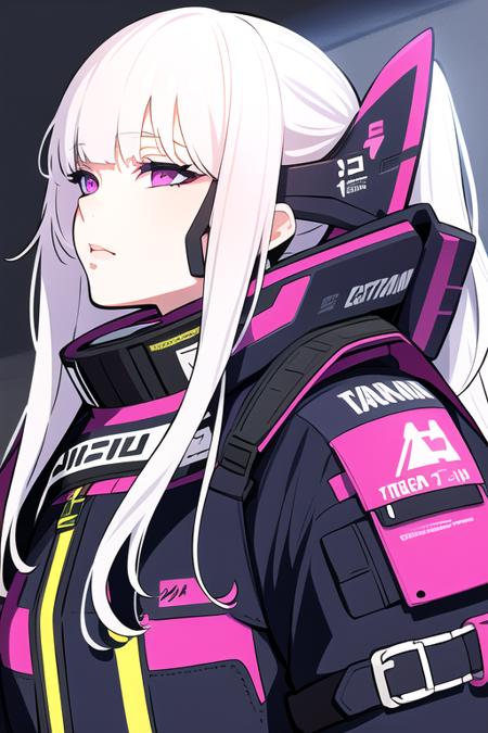 1girl, white hair, long hair, techwear  <lora:strlxsslora:1>, masterpiece, bestquality, realistic, realism, dark purple jacket, portrait, detailed eyes