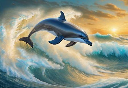 dolphin on the crest of a foamy wave, 
ultra-realistic digital painting, 
golden ratio. All details are clearly drawn, 
wave, 
dolphin, 
eyes, 
foam