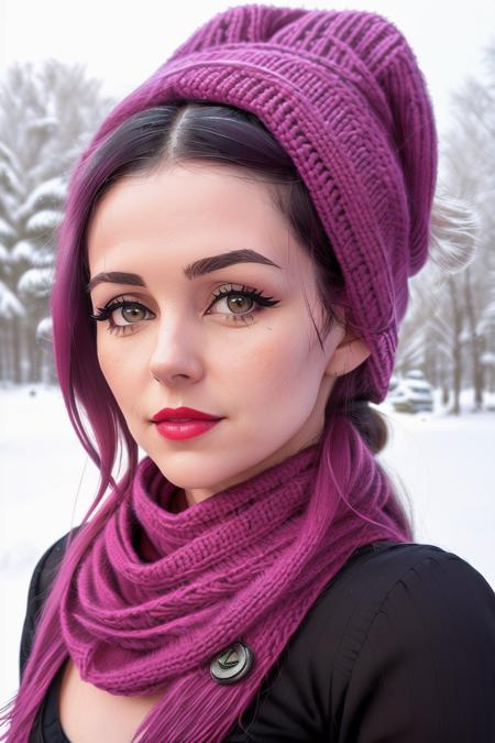 photo of a woman, tabootie:0.99, ((pink hair, ponytail):1.2) ((closeup, portrait):1.2), ((outdoors, snow):1.2), ((scarf, warm hat):1.2),((red lipstick, eyeliner,eye shadow, blush):1.2), ((best quality, masterpiece, extreme details, high resolution):1.2),((detailed eyes, beautiful eyes, detailed face, beautiful face):1.2)