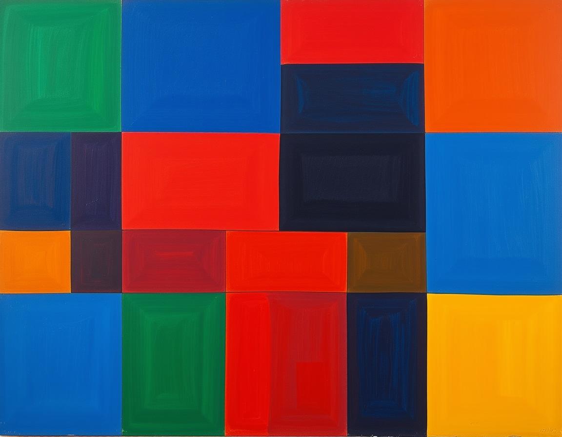 A stark, geometric composition dominated by vibrant blocks of saturated color reminiscent of Ellsworth Kelly's abstract paintings. The central form is an exaggeratedly simplified human figure, "Bhim," rendered in bold primary colors and defined by clean, angular planes. Note the precise delineation between color fields, sharp edges, and the absence of any textures or gradients within these forms.  Focus on three dominant color pairings (e.g., crimson and azure, ochre and emerald) and ensure a minimalist background with minimal visual interference. Include subtle variations in block thickness for Bhim's figure, subtly suggesting depth despite the overall flatness. Render the image with a high level of precision and clarity, echoing Kelly's signature minimalist aesthetic.