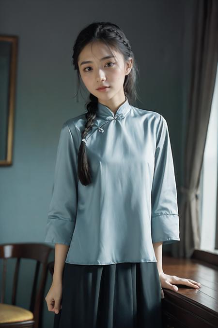 (Color negative portrait photography) of a school girl with (hanging braids),AS-Young,(small head:1.2),dynamic angle,<lora:YJA55:0.6>,light smile,<lora:ChinaDressV2.0:0.55>,(Satin_brocade blue Chinese upshirt,black long skirt:1.2),(((inside mansion,study room))),
(cinematic look:1.4),soothing tones,insane details,intricate details,hyperdetailed,low contrast,soft cinematic light,blurry,dim colors,hdr,raw,(film grain:1.5),
<lora:LowRA:0.4>,1930s \(style\),lowkey