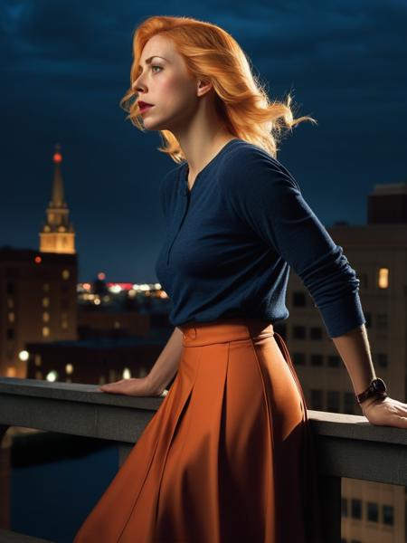 <lora:04Vintageillustration_Hap_XL:1.5>, Norman Rockwell style, Long shot. Whole body. Orange blonde hair Woman, 30s, leaning on suicidal edge of a building, tearful emotions, high quality, dark and rough, realistic style, low lighting, high contrast, edge of building, water setting, detailed facial expression, dramatic pose , worn skirt, city lights casting a gloomy glow, intense emotions, realistic, urban ledge, detailed facial expression, high resolution, moody lighting, dramatic pose,