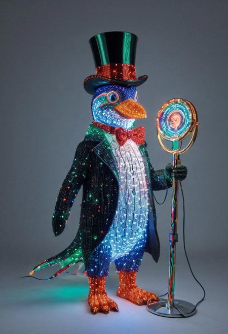embedding:lazmpos, LED, colorful LED lights, RGB lights, red green and blue penguin, art deco, top hat, cane, monocle,RetroBG