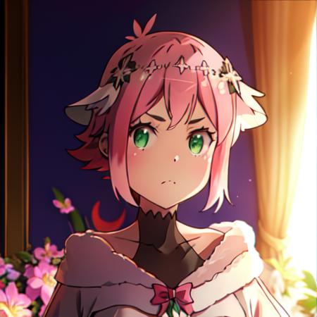 (masterpiece:1.1), (best quality:1.1), 1girl, Real light and shadow, anime face, 4k, 8k, wallpaper,epic, detail texture, ((1girl)), solo, <lora:Mangetsu:1> kohinata mangetsu, pink hair, short hair, hair ornament, green eyes, collarbone, hair flower, long sleeves, white dress, cowboy shot,  <lora:EyesGen:0.4> masterpiece, best quality, (green eye:1.3), 1girl, looking a viewer, intricate iris