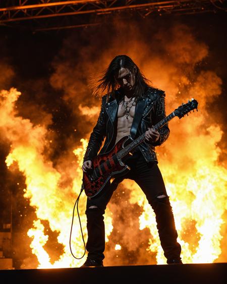 score_9, score_8_up, score_7_up,  (full body view:1.3), heavy metal band, long hair, standing on a dark stage, flames, explosions, blood, ziprealism, real skin, ray tracing, detail shadow, shot on Fujifilm X-T4,85mm f1.2,sharp focus,
