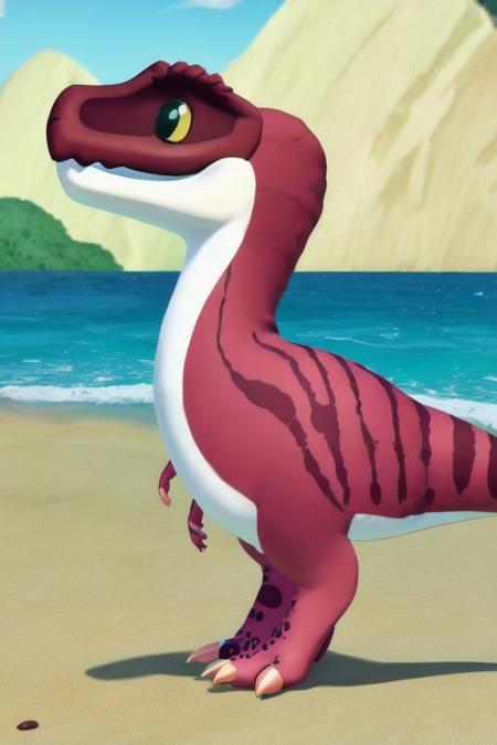 ((masterpiece,best quality)),best res,good anatomy,cute,very cute face,smiling,very detailed,4k,happy,blushing,,full body,smiling,Trex,middle of a beach.looking at viewer,