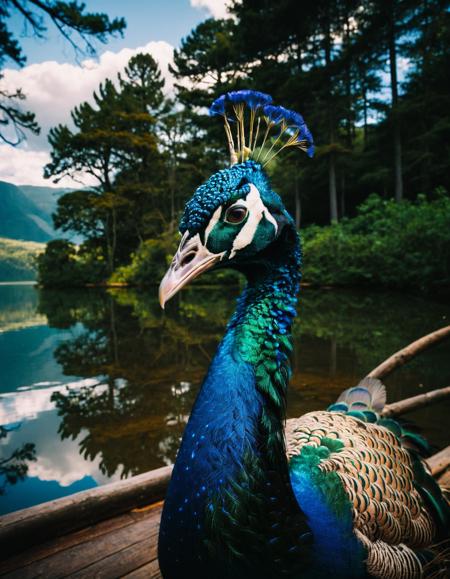 As the peacock struts, its long, sinuous neck carries a crown of azure feathers. These feathers shimmer like the surface of a tranquil lake, reflecting the sky above. The birdâs head, adorned with a crest of golden plumes, exudes confidence and pride. Its eyes, dark and enigmatic, hold secrets whispered by the ancient trees. <lora:god rays:0.6>, Light Leaks Overlay filter, Cinematic photography, movie mood, cinematic light, compelling composition, storytelling elements, conveys emotion, mood, and narrative depth, creating visually striking images that feel like still frames from a film, Wide angle, chaotic cabin in background. vibrant, photorealistic, realistic, dramatic, dark, sharp focus, 8k.