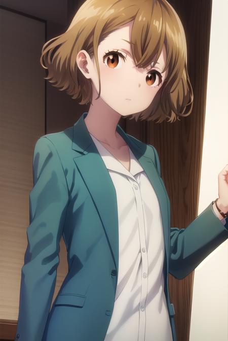 yuzuhamishima, <lora:yuzuha mishima s1-lora-nochekaiser:1>,
yuzuha mishima, short hair, brown hair, (brown eyes:1.5),
BREAK shirt, long sleeves, jacket, white shirt, open clothes, pants, black footwear, watch, green jacket, wristwatch,
BREAK indoors, office,
BREAK looking at viewer, (cowboy shot:1.5),
BREAK <lyco:GoodHands-beta2:1>, (masterpiece:1.2), best quality, high resolution, unity 8k wallpaper, (illustration:0.8), (beautiful detailed eyes:1.6), extremely detailed face, perfect lighting, extremely detailed CG, (perfect hands, perfect anatomy),