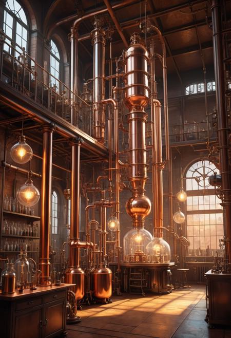Victorian-era steampunk laboratory with tall glass apparatus and copper distillation columns reaching toward ceiling. Technical illustration aesthetic with artistic flourishes, warm amber lighting from gas fixtures. Industrial revolution meets fantasy engineering, vertical emphasis on scientific equipment and architectural space.