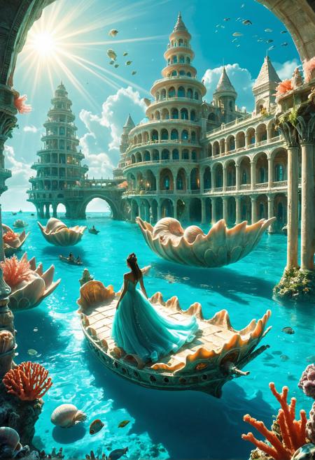 An advanced oceanic civilization city built atop turquoise waters, spiraling shell-like buildings and coral-formed towers, glowing aquatic plants lining the canals, a woman in a flowing gown steering a shell boat toward a conch-shaped palace, sunbeams penetrating the surface, serene and mythical atmosphere.