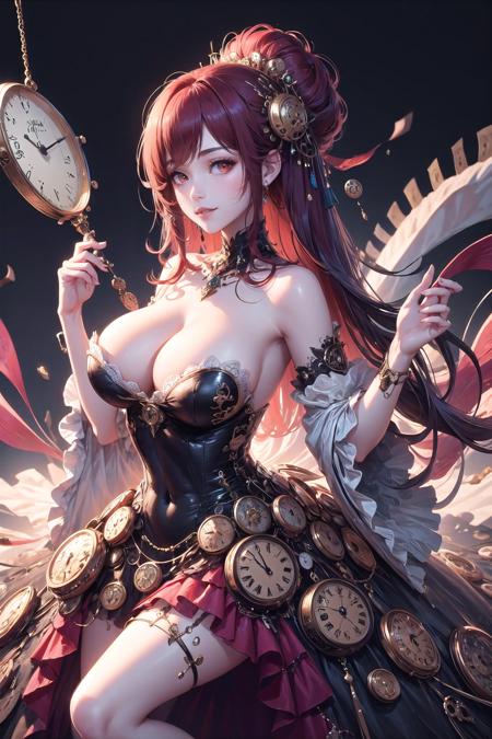 <lora:wrenchclockworkcharm:1>, wrenchclockworkcharm, long hair, gown, solo, light smile, simple background, red dress, layered dress, red hair, red eyes, large breasts, cleavage, praying,