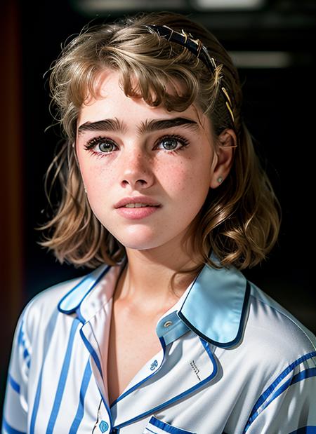 portrait of Brooke Shields, :< , wearing pajamas , with ash blonde Blunt haircut , background camp epic (photo, studio lighting, hard light, sony a7, 50 mm, matte skin, pores, colors, hyperdetailed, hyperrealistic), <lyco:Brooke Shields:1.1>