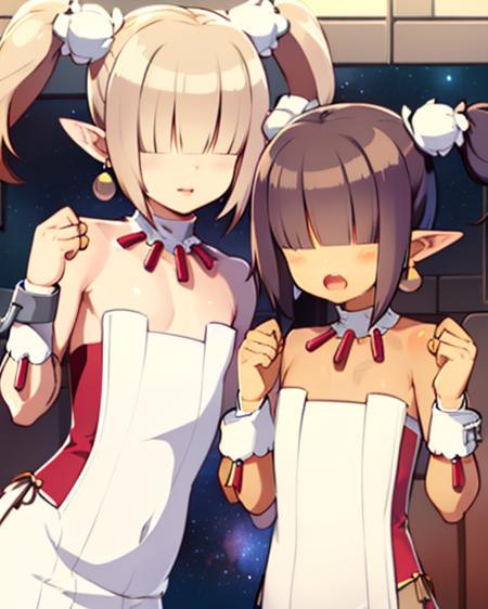 Clergy,flat chest ,pointy ears, short twintails ,hair over eyes ,Black hair, jewelry. fists up,  eyes closed, 
ClDres,bare shoulders ,cuffs , (white strapless dress with blue trim), shackles,  (brown skin1:2)
outer space, open church, milky way,
(insanely detailed, beautiful detailed face, masterpiece, best quality)     <lora:Clergy:0.8>