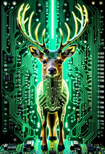 (sacred deer made entirely of circuit traces:1.5), (glowing eyes:1.4), with a PCB board, (techno-nature fusion:1.3), glowing moss-like transistors, high realism, soft light rays through canopy, subtle green and gold hues, reflective metallic bark, serene but advanced, (TzigoCBS), lazympos, lazyneg, lazyxxx