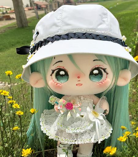 chibi,mianhuawawa,kahuka1, 1girl, flower, dress, solo, hat, white dress, long hair, bouquet, white flower, holding, outdoors, field, white headwear, flower field, holding bouquet, skirt hold, standing, sun hat, ribbon, holding flower, hatsune miku, bow, aqua<lora:mianhuawawa:1>