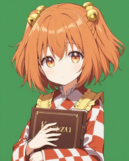 motoori kosuzu,1girl, solo, hair_bell, apron, checkered_kimono, two_side_up, traditional_media, character_name, long_sleeves, looking_at_viewer, checkered_shirt, green_background, holding_book, jingle_bell, upper_body
<lora:motoori_kosuzu_image1256_2023-12-20-000014:1>,star-shaped_pupils,symbol-shaped_pupils,. gorgeous,key visual, vibrant, studio anime,award-winning, professional, highly detailed,high budget, cinemascope