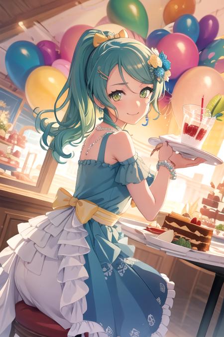 <lora:SayoHikawa-10:0.7>,sayobd, 1girl, solo, looking at viewer, smile, hair ornament, dress, bow, ribbon, bare shoulders, jewelry, sitting, closed mouth, green eyes, ponytail, flower, hair bow, earrings, frills, food, sleeveless, hairclip, hair flower, necklace, character name, bracelet, cup, aqua hair, fruit, sleeveless dress, blue dress, swept bangs, rose, leaf, chair, table, frilled dress, own hands together, white flower, yellow bow, plate, happy birthday, teacup, cake, beads, blue flower, strawberry, back bow, blue rose, teapot, layered dress, balloon, birthday, bead necklace, saucer, multicolored dress, pearl necklace, framed, cake slice, macaron, strawberry shortcake, pearl (gemstone), blueberry, tiered tray, pearl bracelet, heart balloon