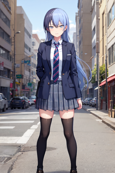 toyakun, looking at viewer, 1girl, solo, standing, black footwear,blazer, blue skirt, breasts, diagonal-striped necktie, grey jacket, jacket, large breasts, loafers , long hair, long sleeves, plaid, plaid skirt, school uniform, shirt, shirt tucked in, socks, very long hair, white shirt, white thighhighs,