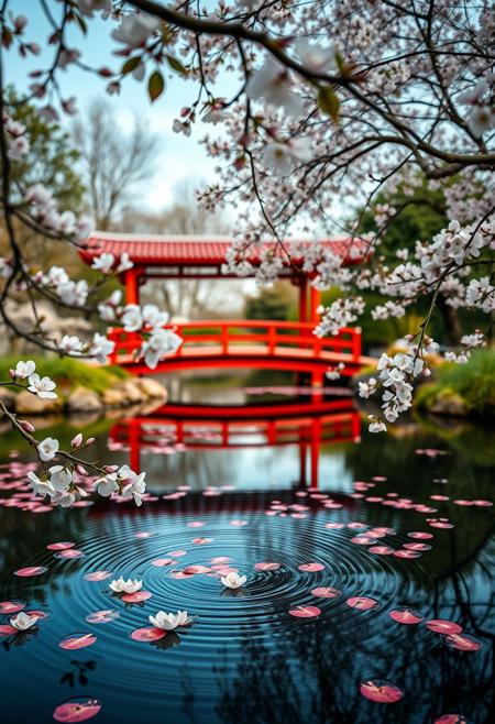 Pond in a Japanese garden, plum blossoms, floating plum blossoms, water ripple effect, Red wooden bridge, 
beautiful view, depth of field, masterpiece, best quality, 8k, ultra-detailed, very aesthetic, superb composition, finest details, intricate details, absurdres, high contrast, ray tracing, Volumetric lighting