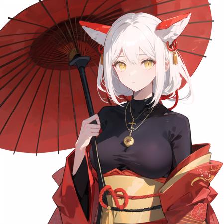 1girl, solo, large breasts, jewelry, white hair, yellow eyes, necklace, (animal ears|red horn:0.85), <lora:Qi:1>, expressionless, glowing,holding umbrella, red kimono, japanese clothes