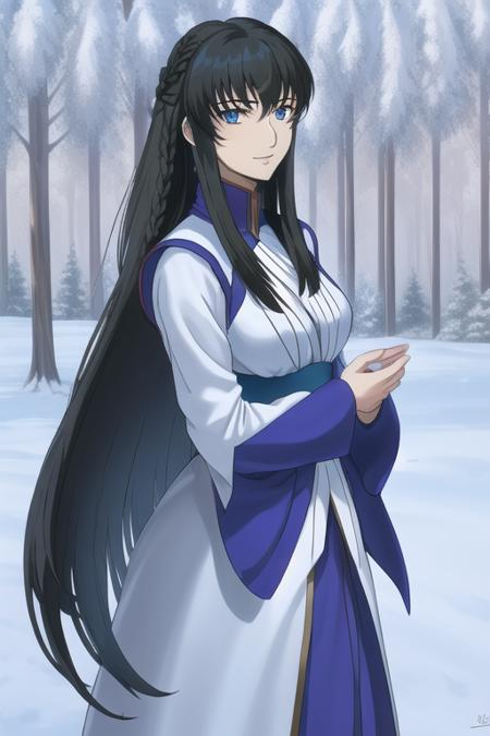 <lora:marina_ismail_lora:0.8>, marina ismail, 1girl, middle east, bare_tree, black_hair, blue_eyes, braid, breasts, day, forest, long_hair, long_sleeves, looking_at_viewer, nature, outdoors, sky, smile, snow, solo, tree, upper_body, very_long_hair, realistic, gundam 00,