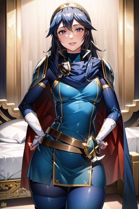 Lucina \(fire emblem\), ((high resolution, masterpiece, ultra-detailed illustration:1.2)),  1girl,  solo, fantasy, detailed skin, blue hair, blue eyes, blue outfit, standing, tattoo in one eye, detailed eyes, detailed pupils, marked eyelashes, long hair, detailed hair, thicc:1.5, wide hips, thin waist, muscular legs:1.5, blue pantyhose, zettai ryouiki, golden Diadem,  thighhighs, blue skirt, milf, mature face:1.2, smile, cape, glossy lips, detailed lips, real lips, real skin, (looks like 28 years old girl)