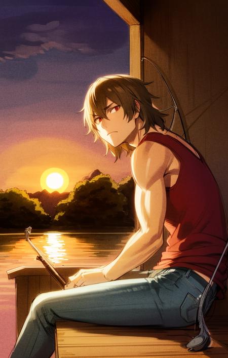 <lora:ShinjiroAragakiPersona1:1> soft lighting, sketch, scenic background, wallpaper, wide view, outdoors, lake, reflections, sunset, male focus, ornate canoe, tanktop, jeans, (holding fishing pole:1.1), (fishing:1.1), muscular, sitting in canoe, shinjiro aragaki [persona], solo, focused calm expression, red eyes