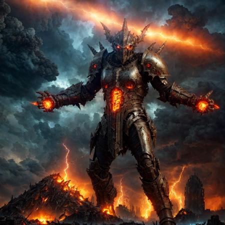 apocalyptic wasteland, colossal dragon, fiery wings, shattered skyscrapers, raging inferno, battle-worn knight, futuristic armor, lightning storm, swirling vortex, otherworldly creatures, glowing runes, ancient ruins, crimson moon, dark magic, ethereal light, chaos, destruction