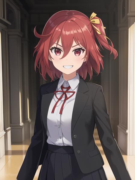 solo, 1girl, best quality, (masterpiece:1.2), highly detailed, (masterpiece), (illustration),
school, corridor, chiaroscuro,
standing, face focus, face, upper body,
black jacket, white shirt,
red eyes, red hair, hair between eyes, sparkle, one side up, hair ribbon, glint, lens flare, short hair,
shy, blush, (looking at viewer), grin,
<lora:Akane:0.7>