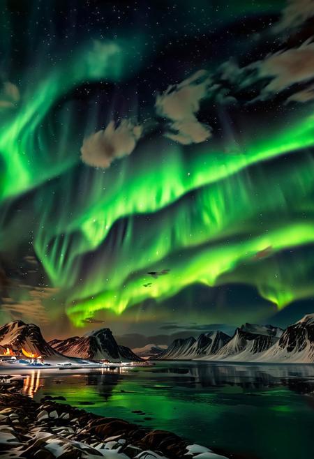 (ultra high res:1.4), (masterpiece), night, Northern_Lights, (beautiful lighting:1.4) ,skyrimlandscapes,  greenland greenery,  greenland river, icy water water, forest, Greenlandic homes and cabins,  moonlight illuminates the icy water, (deep underwater), anime, above water, (clear underwater), beautiful sky with clouds,  depth