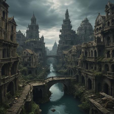 (Wide angle)+ Grimdark fantasy scene of island city, ruined city, cursed city, sprawling metropolis, ancient curse lingers in the air, dilapidated marble buildings, tarnished gold spires, crumbling buildings, epic fantasy magic apocalypse, canals, bridges, crumbling, dilapidation, overgrown vegetation reclaims nature, desolation, abandoned, intense shadows, moody lighting, cinematic, 16k uhd, fujifilm xt3, photorealistic epic fantasy, ultra-detailed, exquisite features, masterpiece quality, film grain, (swirling magic particle effects hang in the air)+++, haunting beauty, swirling shadows, something lurks in the shadows