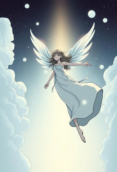 Floating, fleeting, comic book panel, subject as ethereal humanoid, 2D cartoon anime style, subtle shading, fine ink linework, soft gradients, delicate highlights, mystical atmosphere, expressive composition, dreamlike aesthetic, cel-shading, fantasy elements, light and airy tones, dynamic framing, storytelling illustration