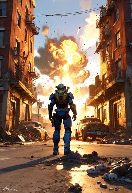 style by (Explosion Artstyle:1.4) best quality,high resolution,64k,realistic masterpice,splash art,,dynamic angle,closeup, cinematic still,Fallout 76 sunrise atmosphere,playful-shadows,vivid dystopic colors,ultrarealistic fallout1knight on the dirty futuristic busy wasted street inspired by (Andre Kohn:1.7)