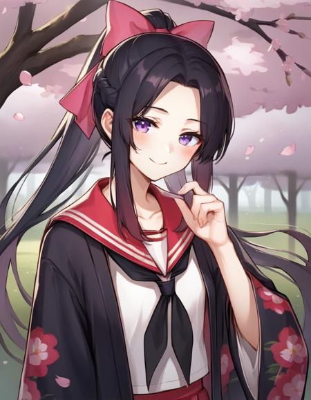 Wei Li very long hair,black hair,ponytail,hair bow,pink bow,hair ribbon,french braid,sidelocks,parted bangs,forehead,purple eyes collarbone,japanese clothes,black kimono,furisode,cherry blossom print,open kimono,school uniform,serafuku,red sailor collar,black neckerchief,white shirt,long sleeves,wide sleeves,tassel,red skirt,frilled skirt,white socks,clog sandals