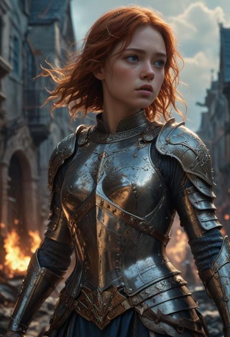 High resolution ultra-realistic of Beautiful Warrior Sadie Sink as Joan of Arc, 8k, capturing the intensity of the moment, cinematic lighting, standing on a bloody and stormy battlefield in bloody battle, wavy red hair, realistic dirty pale face, realistic blue eyes,  beautiful hourglass figure, burning in a medieval Town, intricately designed iron and silver armor, Dark Ages Aesthetic, perfect athletic figure, beautiful Warrior Joan of Arc, fire, ultra realistic, cinematic style, vigorous and seductive, athletic figure, dark fantasy, dramatic lighting, wet and sweaty skin, dirty skin, athletic figure, dark fantasy, dramatic lighting, Greg Rutkowski style,, Warrior Joan of Arc on in iron armor, hyper-detailed, hyper-realistic, bright colours, Attractive 21 old years girl, Attractive, beautiful firm Breasts, sharp focus, digital painting, Photograph Taken on Nikon D750, Alphonse Mucha, 8K, athletic figure, Hyperdetailed, hyperrealism, Attractive, Attractive bust girl, asymmetric balance
