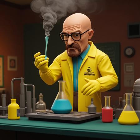 A vibrant, colorful, claymation-style depiction of Walter White wearing his iconic yellow hazmat suit inside a detailed science lab, exaggerated handcrafted textures with visible fingerprints and sculpting marks, cartoonish proportions, expressive facial features with a serious and focused expression, pouring a glowing liquid from one beaker into another, thick stylized smoke swirling in the air, bright and bold colors, cinematic lighting with warm highlights and subtle shadows, stop-motion aesthetic, whimsical yet intense atmosphere, highly detailed scene with rich textures and depth, (masterpiece:2), best quality, ultra highres, original, extremely detailed, perfect lighting