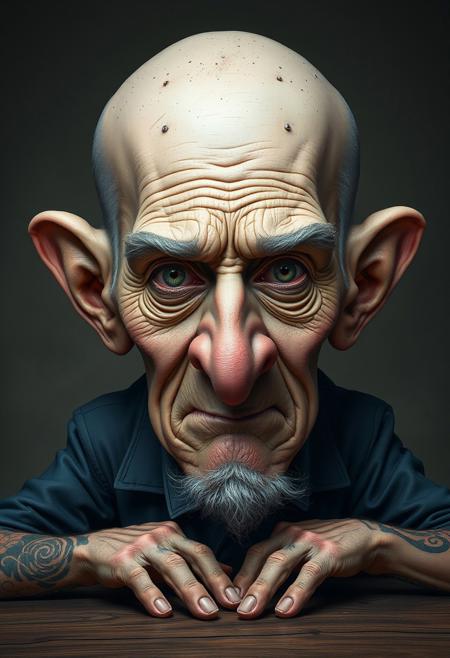 A surreal and highly detailed caricature of an elderly man, featuring exaggerated facial features that blend realism with artistic distortion. His bald head is speckled with subtle textures and blemishes, while his prominent, furrowed brows and deeply set eyes convey a sense of weariness yet sharp awareness. His elongated ears and slightly exaggerated hands resting on the table in front of him add to the whimsical, almost fantastical quality. The muted color palette, with hints of blues and reds in his clothing and subtle tattoo-like markings on his skin, creates a subdued yet visually striking composition. The figure appears to be gazing directly at the viewer, his expression a mix of wisdom, mischief, and introspection.