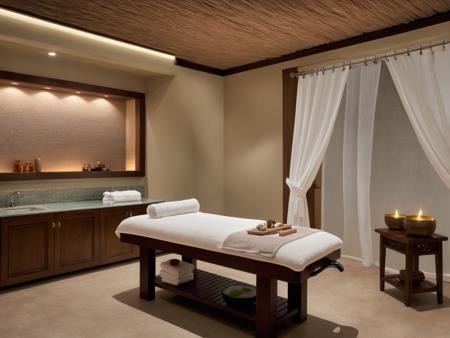 <lora:JJsSpa_XL:1>, ((spa treatment room)) , ((best quality)),((masterpiece)),((realistic)), indoors,  chair, table, photorealistic, authentic, indoor scenery,  highly detailed,  wood, ceiling light, towel, curtains, glass, lamp,