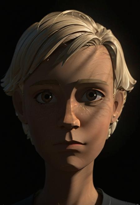 (omega portrait) black background, warm lighting on face, 1girl, blonde hair, short hair  [3d animation style, animated, reflections, accurate lighting]