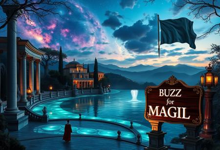 A mystical landscape at twilight, centered around a glowing crystal lake reflecting vibrant nebulae and distant galaxies. Grand marble columns and statues reminiscent of Italian architecture line the shores, adorned with glowing vines. Towering bioluminescent trees with ornate branches softly illuminate the scene, while terraced villas and cascading fountains, inspired by Tuscany, rise in the distance. Iridescent mountains blend with the luminous clouds above, creating a dreamlike horizon.
In the foreground, a figure in flowing robes reminiscent of Renaissance nobility stands on a stone piazza leading to the lake. Around them, floating orbs of light and ancient runes circle as they weave a magical spell. Nearby, an elegant wooden sign made from polished mahogany, with intricate scrollwork and gilded edges, reads ‘BUZZ for MAGIC’ in sleek Futura font, glowing faintly in neon white, perched atop a stone pedestal. In the background, a large flag sways gently in the wind, a seamless blend of the American flag’s stars and stripes with the Star of David from the Israeli flag, representing unity and strength. Golden lanterns sway in the gentle breeze, adding warmth to the serene atmosphere. The entire scene is a fusion of otherworldly beauty, timeless Italian elegance, and symbolic unity, where nature, art, and magic blend in perfect harmony