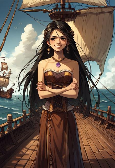 score_9, score_8_up, score_7_up, 8k uhd, masterpiece, best quality, high quality, absurdres, ultra-detailed, (highly detailed), OverallDetail, Expressiveh, 
,
((( Small, short, skinny, petite, thin )))
,
(((1 woman, solo)))
,
(((Shpdk, ship deck, sailing ship, wooden deck, ocean, sky, clouds, close view, upper body view)))
,
((( MirandaT, slender, black hair, long hair, straight hair, purple necklace, black eyes, pirate girl suit)))
,
((( Standing, crossed hands, smirk smile)))