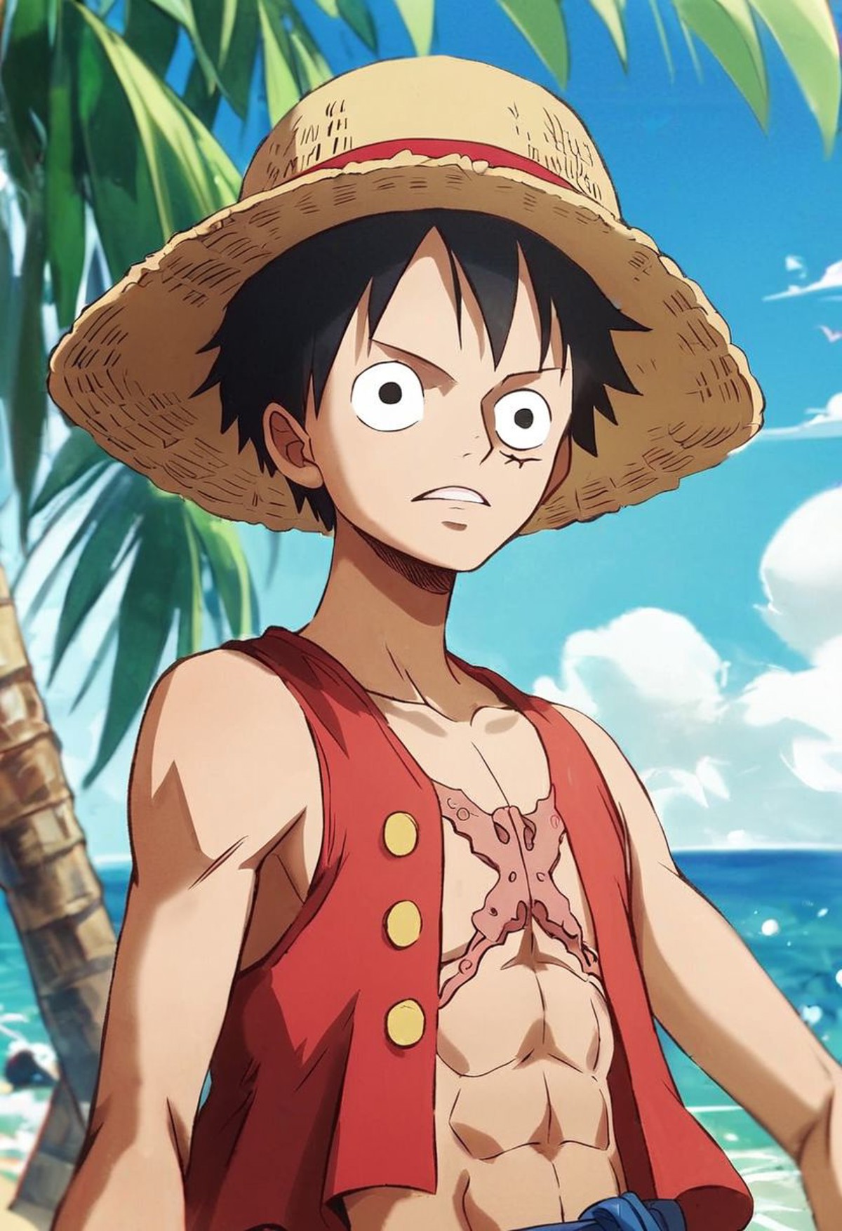 score_9, score_8_up, score_7_up ,score_6_up,  Luffy  in the beach ,nocap,  ultra detailed background,  best drawing,  mast...