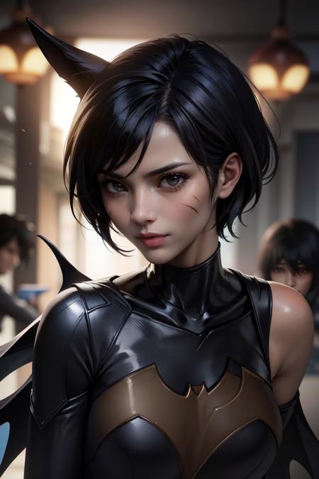 CassCain, cassandra cain, batgirl suit, 1girl,  black hair, brown eyes, looking at viewer, mask, short hair, (face scar)  <lora:CassandraCain-01:0.7>