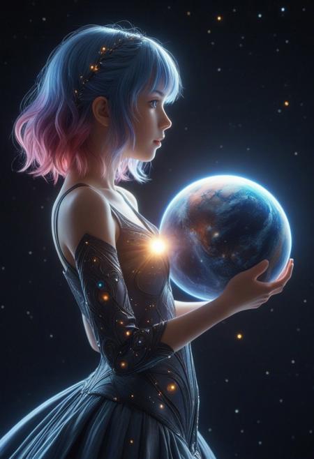 masterpiece, best quality, amazing quality, very aesthetic, absurdres, newest, extreme detail,fantastic,fantastic,hdr,4k,8k,hdr,1girl,solo, BREAK  CosmicStyle,upper_body,galaxy,holding_planet,cosmic.glowing_hair,anime,side_view